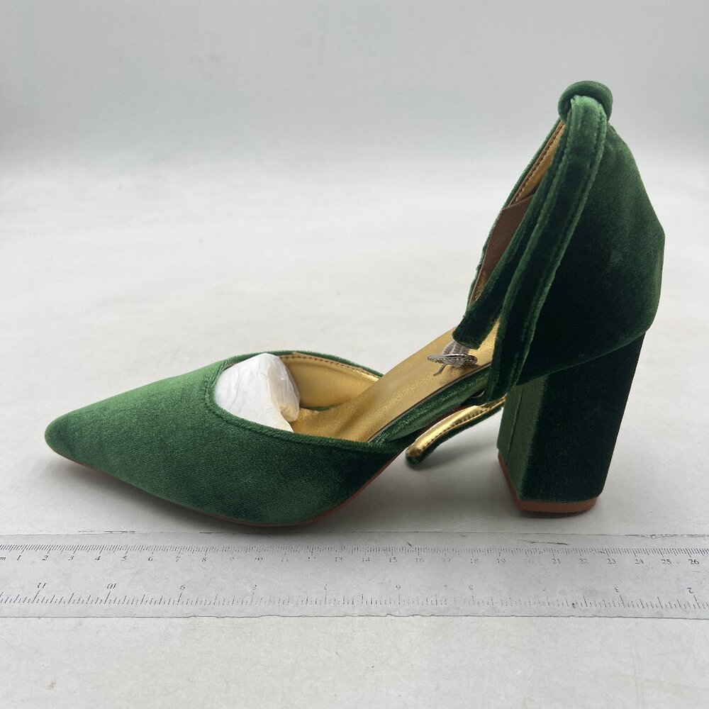 FSJ Green Velvet Pointed Toe Ankle Strap Single Band Buckle Chunky Heel Pumps